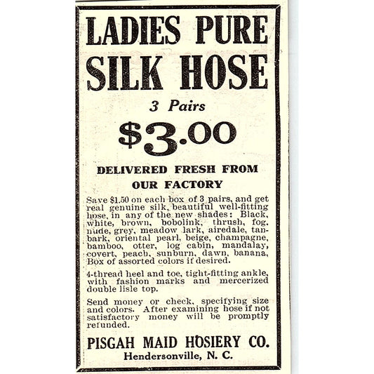 Pisgah Maid Hosiery Co Ladies Silk Hose Hendersonville NC 1924 Ad AG3-M3
