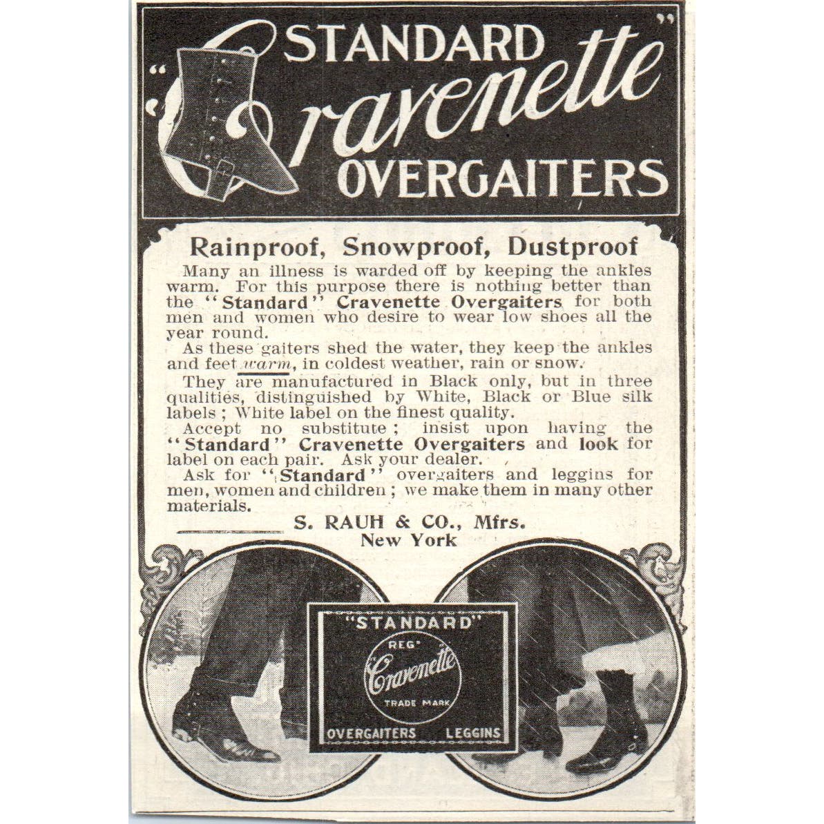 Standard Cravenette Overgaiters S. Rauh & Co NY c1905 Advertisement AE7-A1