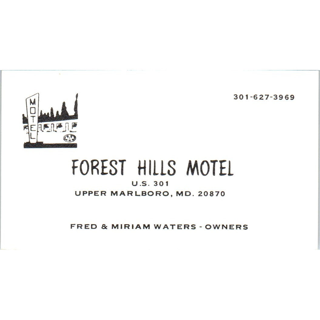 Forest Hills Motel Fred & Miriam Waters Upper Marlboro MD Business Card SD8-B22