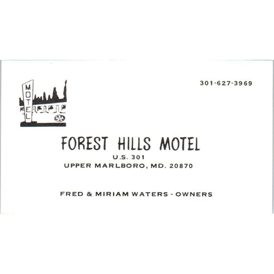 Forest Hills Motel Fred & Miriam Waters Upper Marlboro MD Business Card SD8-B22