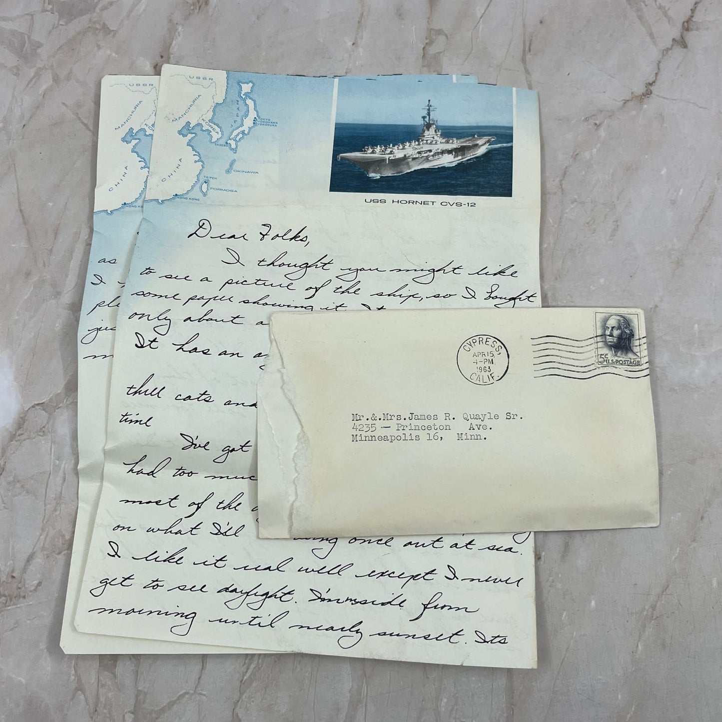 1963 Handwritten Letter USS Hornet CVS-12 Letterhead to Minneapolis AE3