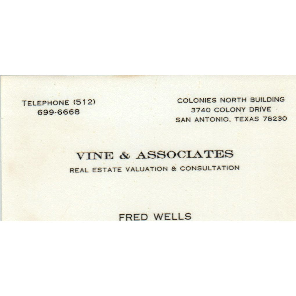 Fred Wells Vine & Associates Realty San Antonio TX Vintage Business Card SD8-B2