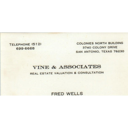 Fred Wells Vine & Associates Realty San Antonio TX Vintage Business Card SD8-B2