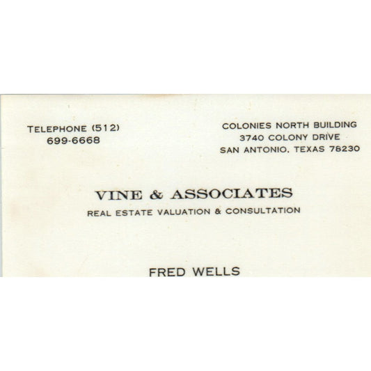 Fred Wells Vine & Associates Realty San Antonio TX Vintage Business Card SD8-B2