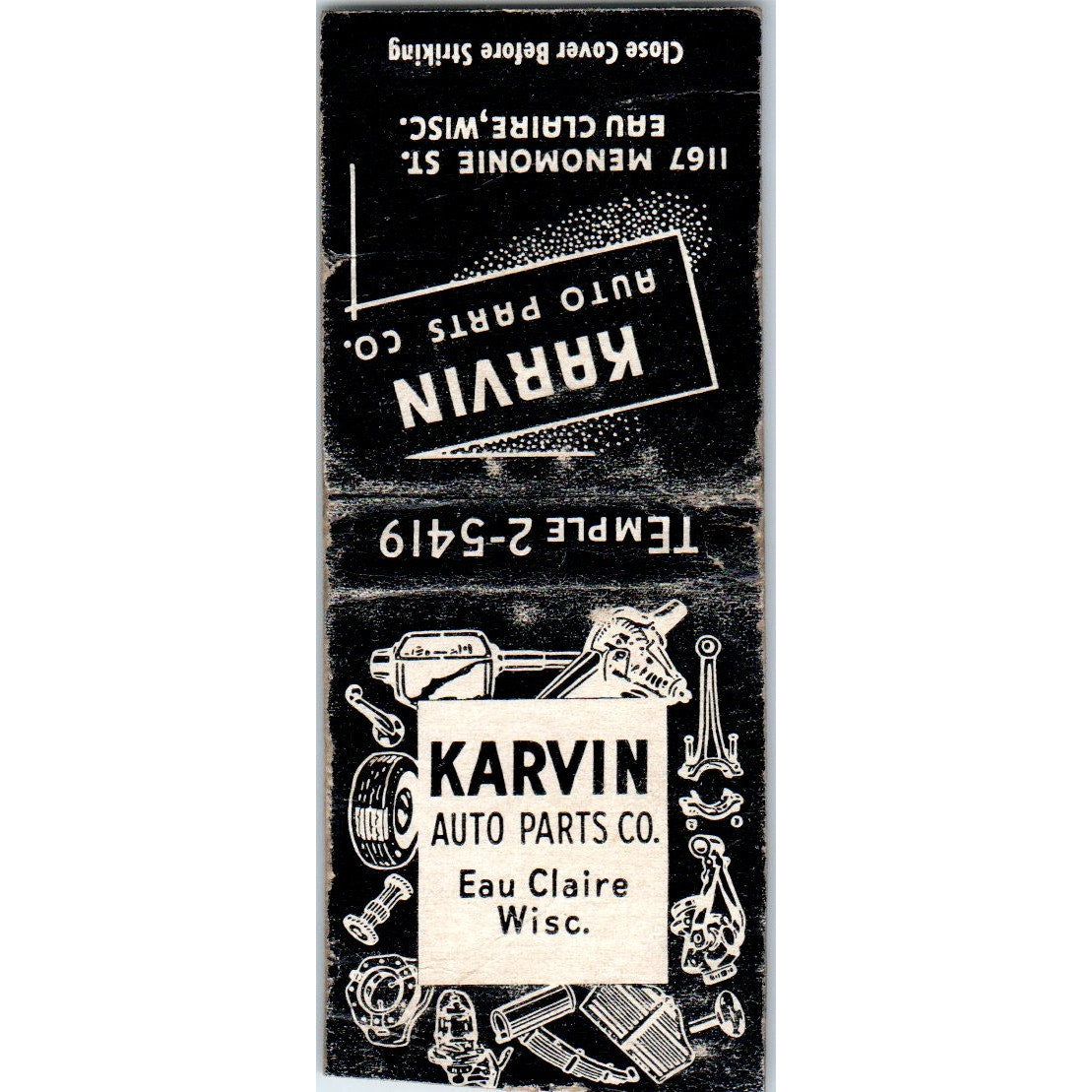 Karvin Auto Parts Co Eau Claire WI Vintage Matchbook Cover SD2-Y12