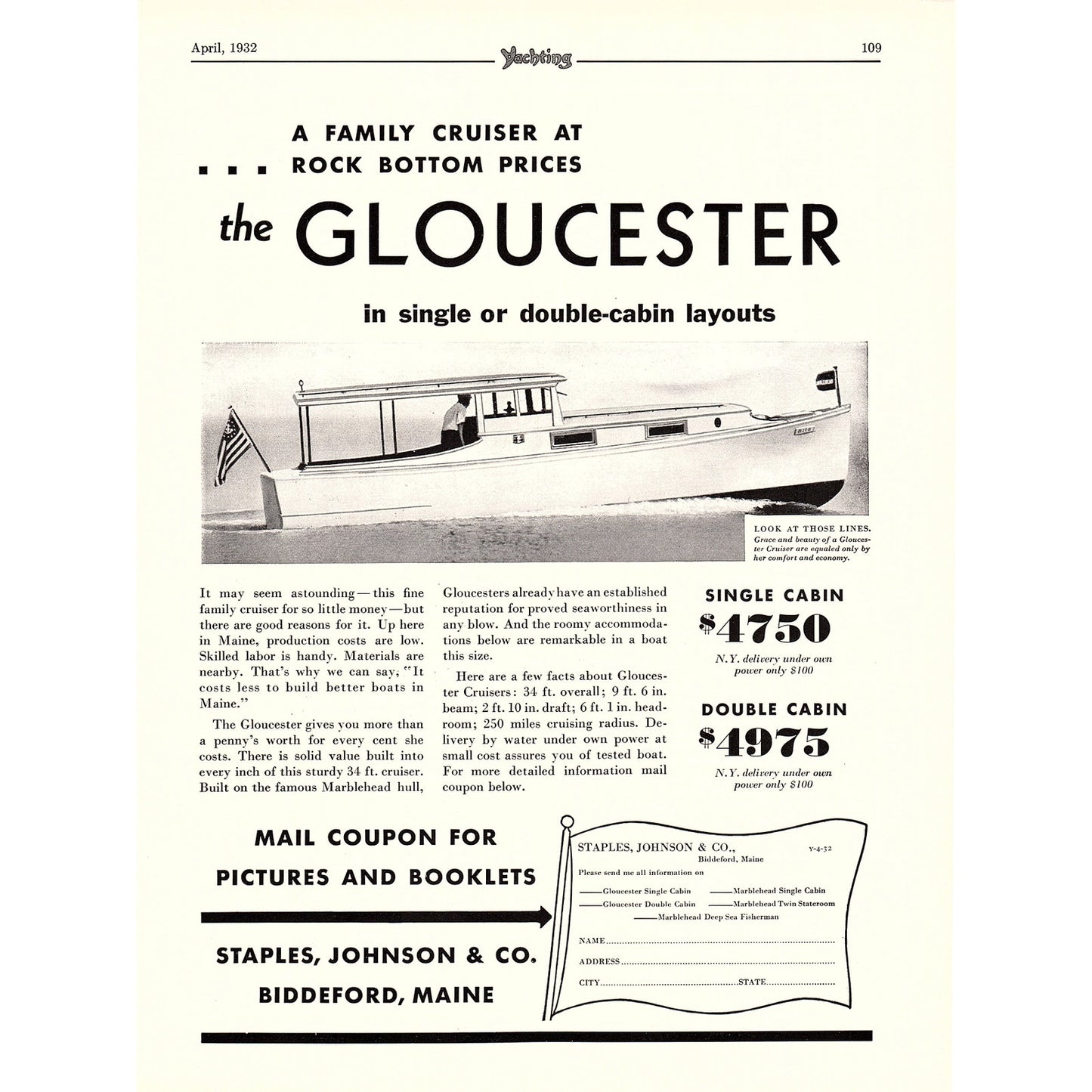 Gloucester Cruisers Staples, Johnson & Co Biddeford ME John G Alden 1932 Ad V1-4