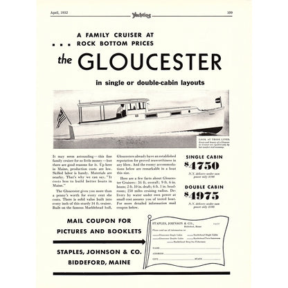 Gloucester Cruisers Staples, Johnson & Co Biddeford ME John G Alden 1932 Ad V1-4