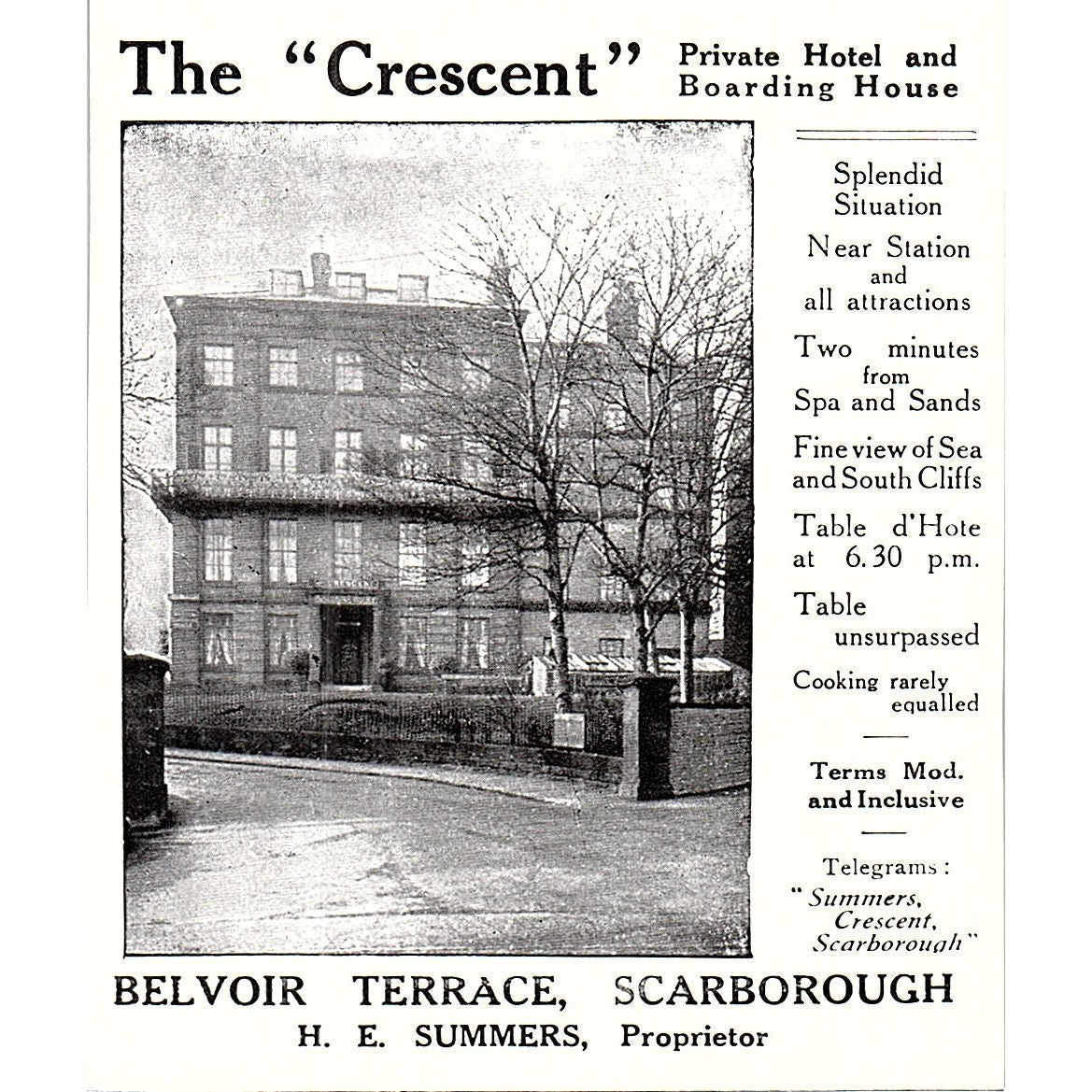 The Crescent Belvoir Terrace H.E. Summers Scarborough c1910 Ad AF3-Q3