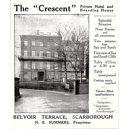 The Crescent Belvoir Terrace H.E. Summers Scarborough c1910 Ad AF3-Q3