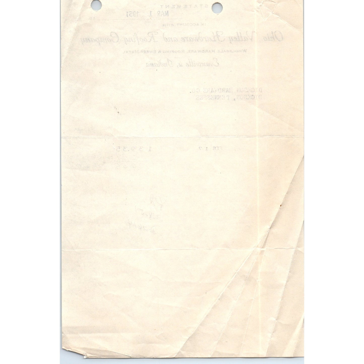 1951 Ohio Valley Hardware & Roofing Co Evansville IN Letterhead Receipt D18