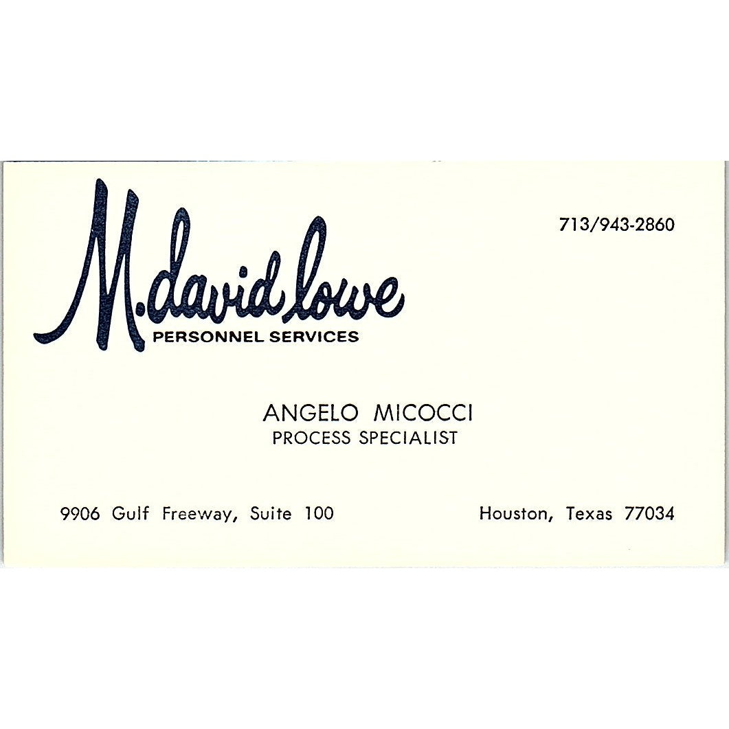 M.David Lowe Personnel Services Angelo Micocci, Houston, TX Business Card SF3-B7