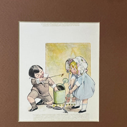 Vintage Dutch Children Playing In Garden Illustration Matted Art Print 8x10 V4