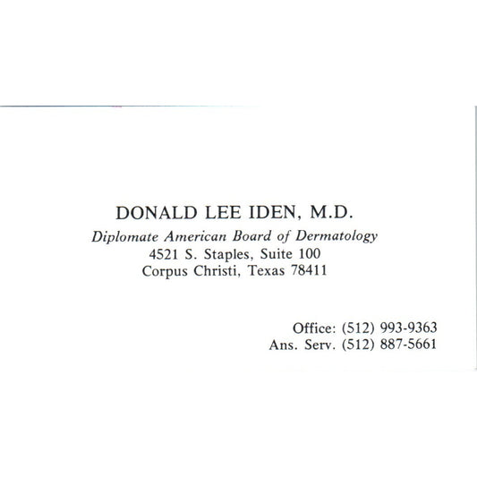 Donald Lee Iden MD Dermatology Corpus Christi TX Vintage Business Card SD8-B19