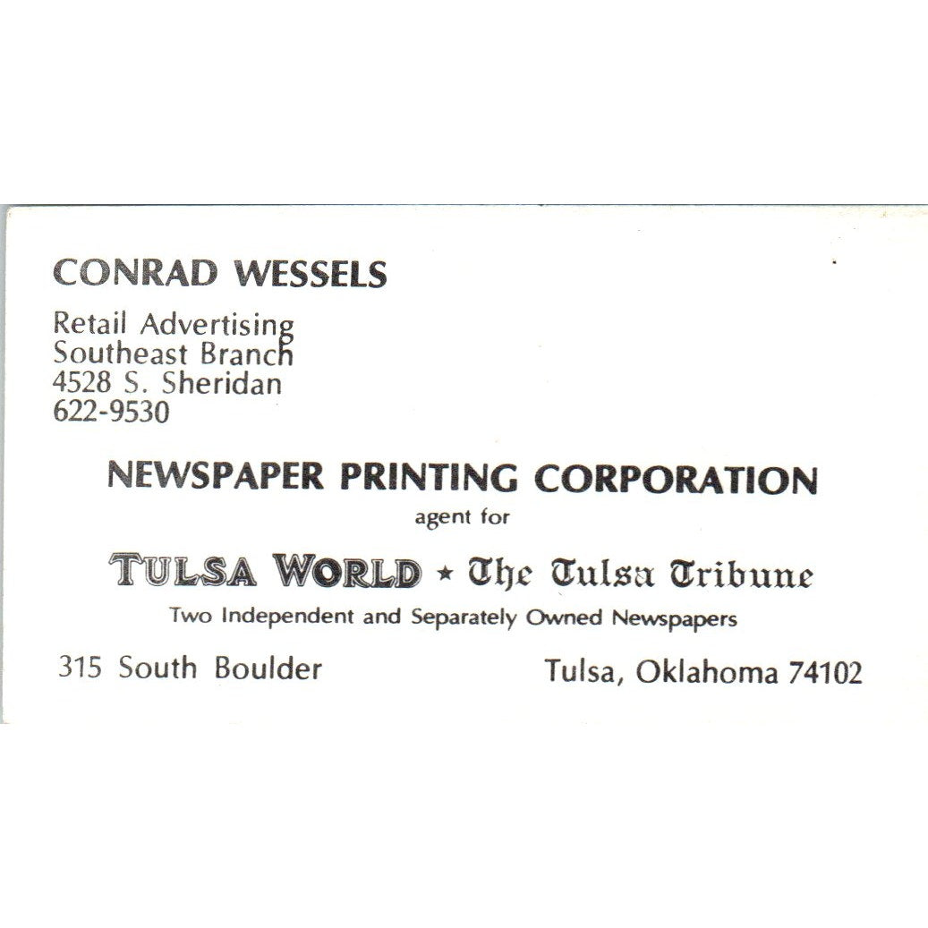 Conrad Wessels Newspaper Printing Corporation Tulsa OK Vtg Business Card SD8-B20