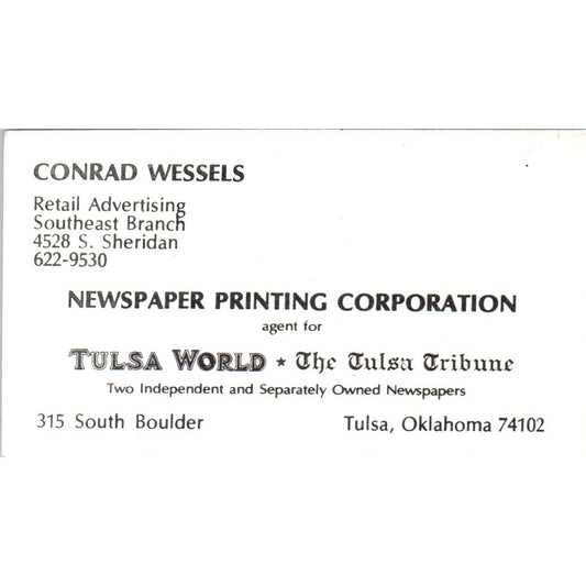 Conrad Wessels Newspaper Printing Corporation Tulsa OK Vtg Business Card SD8-B20