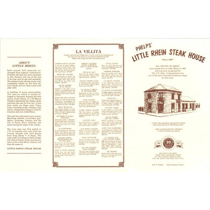 1970s Phelps' Little Rhein Steak House Pocket Menu San Antonio TX TF4-BC