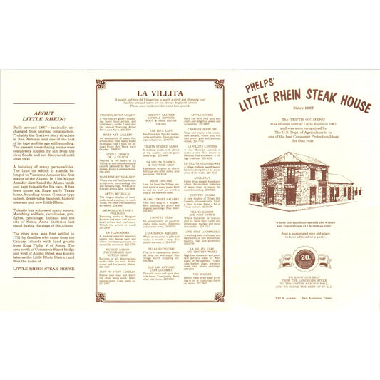 1970s Phelps' Little Rhein Steak House Pocket Menu San Antonio TX TF4-BC