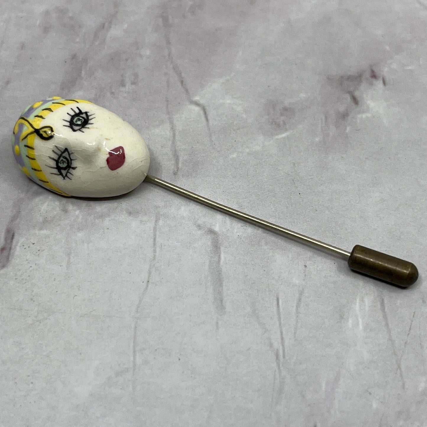 Vintage Hand Painted Mask Harlequin Face Stick Pin Venetian Clown Signed DC SB7
