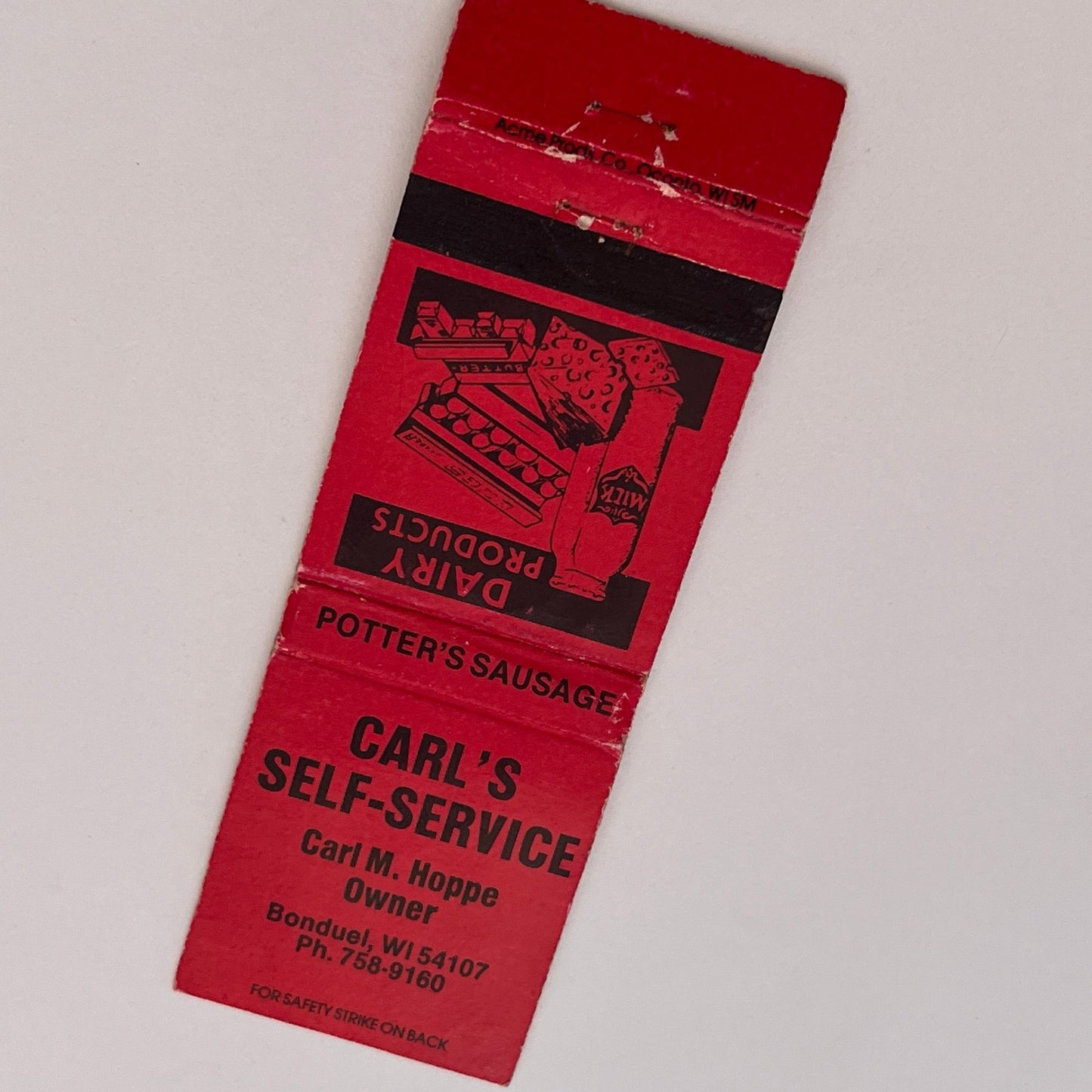 Carl's Self-Service Carl M Hoppe Bonduel WI Vintage Matchbook Cover TB6-MB2-3