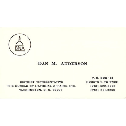 The Bureau of National Affairs Dan M. Anderson Houston TX Business Card SSB4-B12