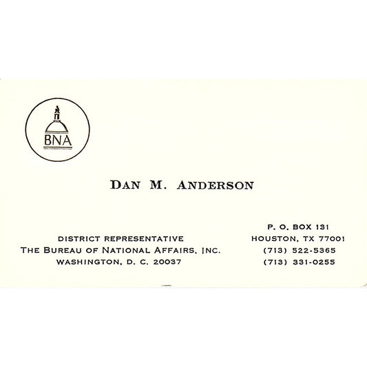 The Bureau of National Affairs Dan M. Anderson Houston TX Business Card SSB4-B12