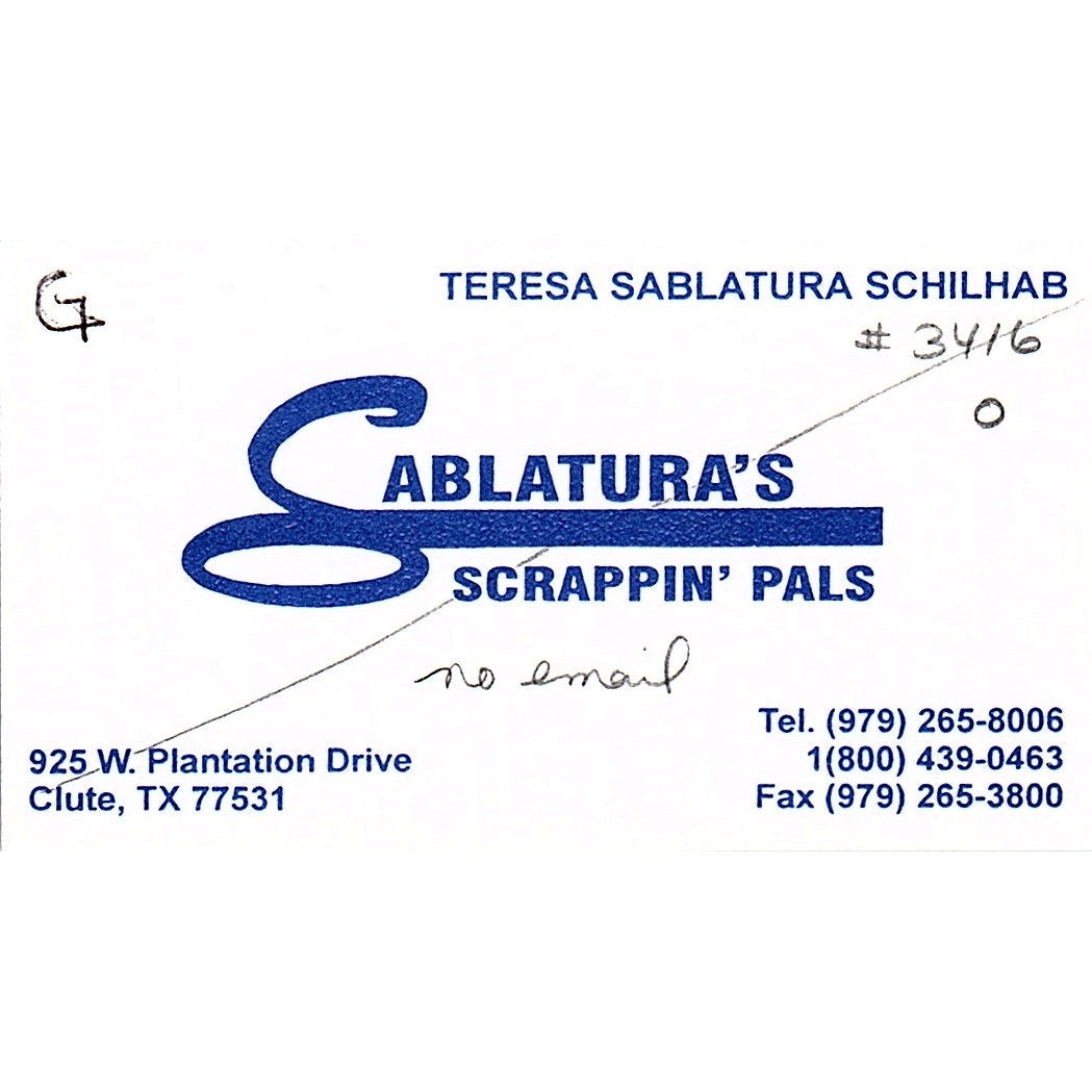 Teresa Sablatura Schilhab Scrappin Pals Clute TX Vintage Business Card SC9-B11