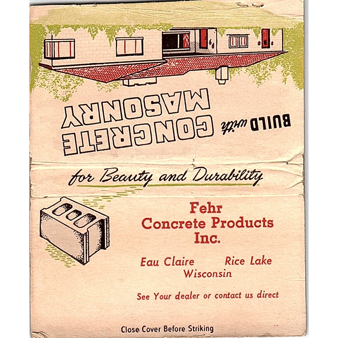 Fehr Concrete Products Inc Eau Claire Rice Lake WI Large Matchbook Cover TH2-Y4