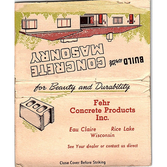 Fehr Concrete Products Inc Eau Claire Rice Lake WI Large Matchbook Cover TH2-Y4
