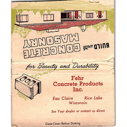 Fehr Concrete Products Inc Eau Claire Rice Lake WI Large Matchbook Cover ML1-8