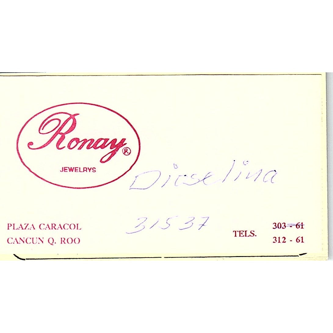 Ronay Jewelers Plaza Caracol Cancun Dioselina Vintage Business Card SC9-B7