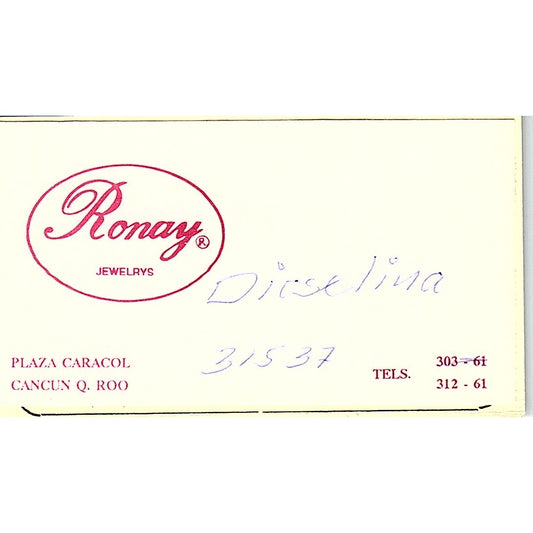 Ronay Jewelers Plaza Caracol Cancun Dioselina Vintage Business Card SC9-B7
