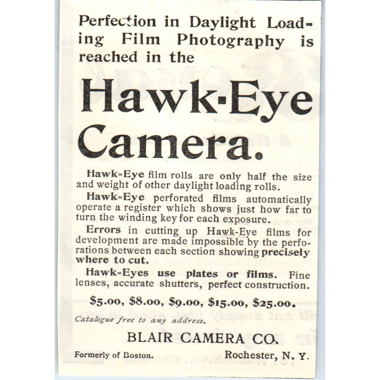 Hawk-Eye Camera Blair Camera Co Rochester NY c1905 Original Advertisement AE7-A3