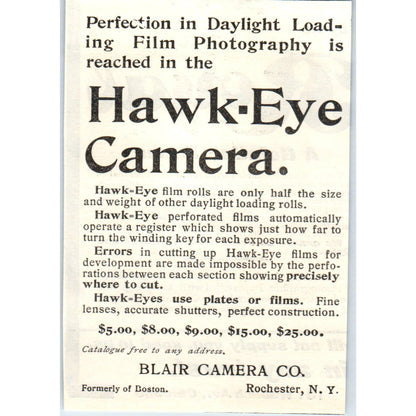 Hawk-Eye Camera Blair Camera Co Rochester NY c1905 Original Advertisement AE7-A3