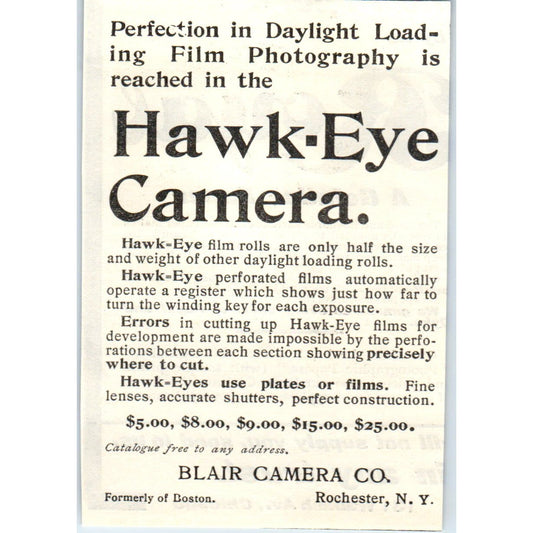 Hawk-Eye Camera Blair Camera Co Rochester NY c1905 Original Advertisement AE7-A3