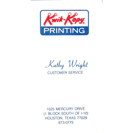 Kathy Wright Kwik-Kopy Houston TX Vintage Business Card SD4-B3