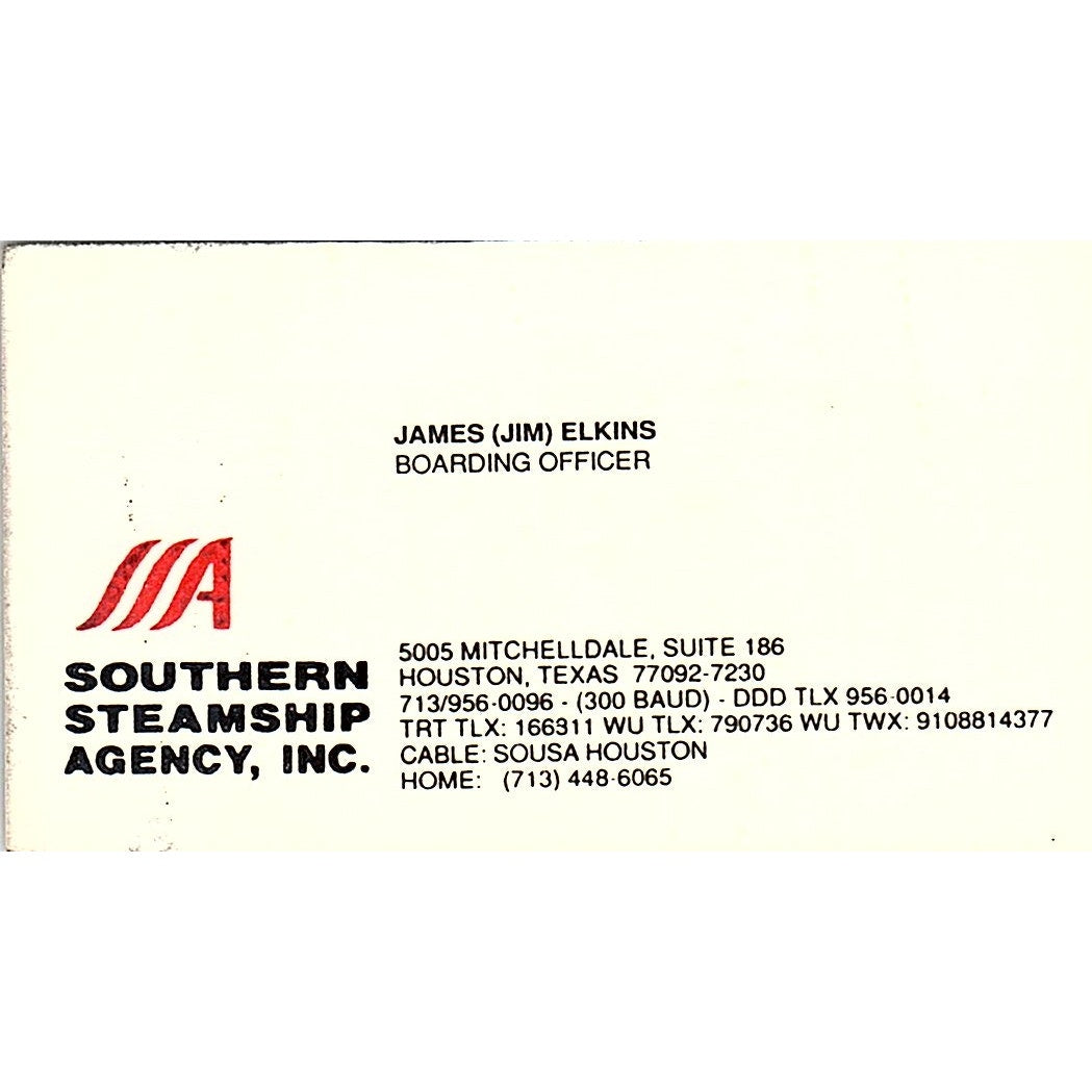 James Jim Elkins Southern Steamship Agency Houston Vintage Business Card SC9-B4