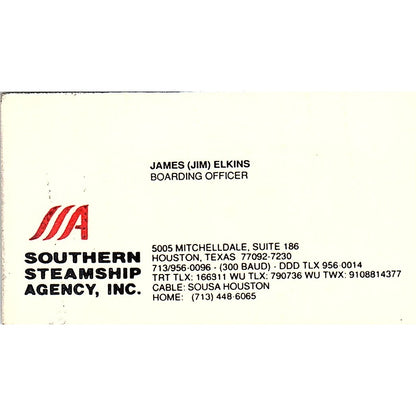 James Jim Elkins Southern Steamship Agency Houston Vintage Business Card SC9-B4