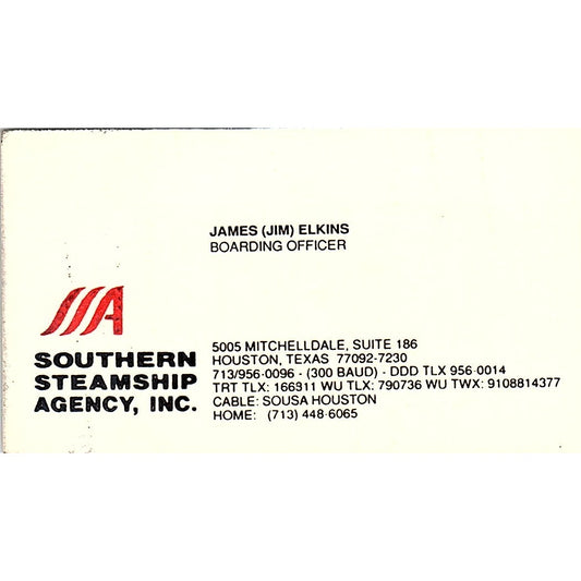 James Jim Elkins Southern Steamship Agency Houston Vintage Business Card SC9-B4