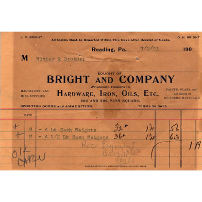 1903 Bright & Company Hardware Reading PA Original Billhead Receipt AE7-3