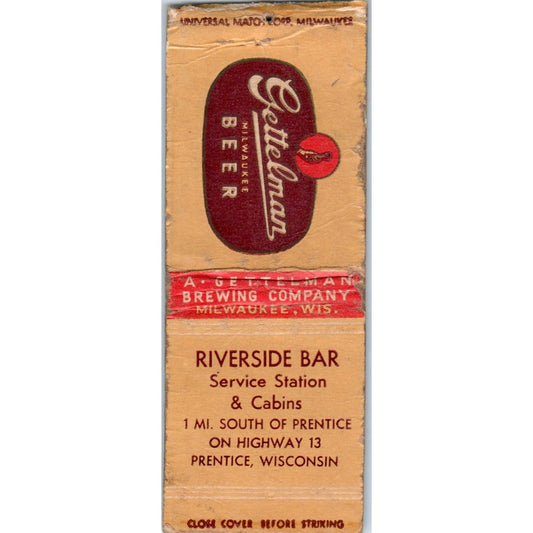 Riverside Bar Service Station & Cabins Prentice WI Vtg Matchbook Cover SD4-Y11