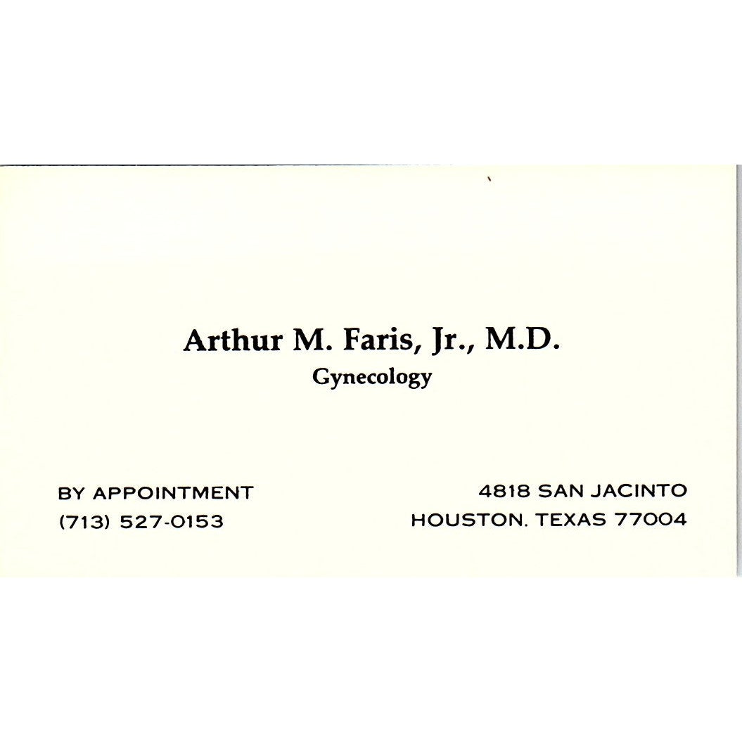 Arthur M Faris Jr Gynecology Houston TX Vintage Business Card SC9-B1