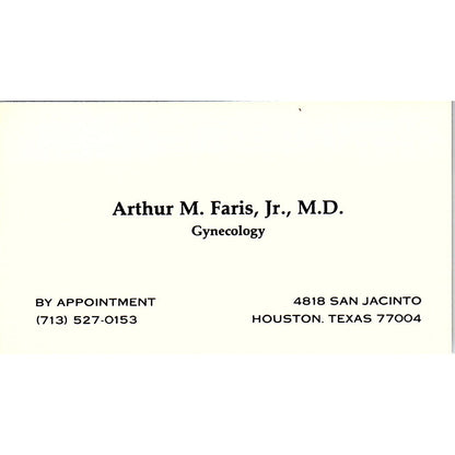 Arthur M Faris Jr Gynecology Houston TX Vintage Business Card SC9-B1