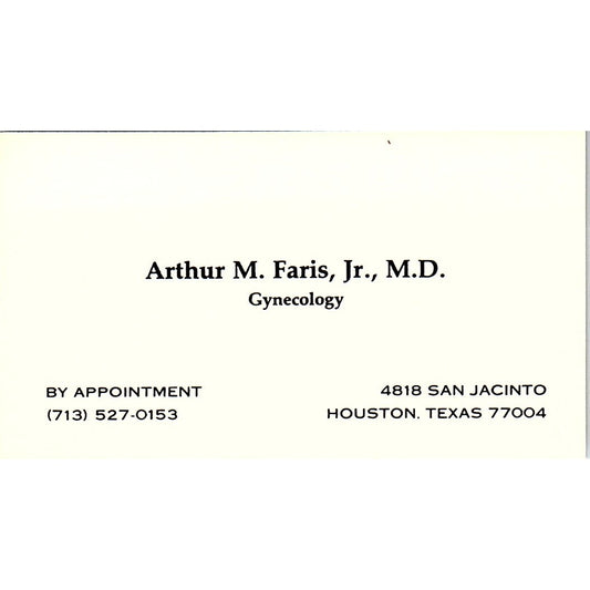 Arthur M Faris Jr Gynecology Houston TX Vintage Business Card SC9-B1