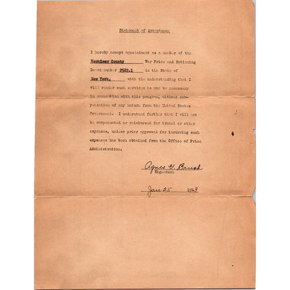 1943 Agnes Brush Acceptance Letter to WWII War Price & Rationing Board NY J16