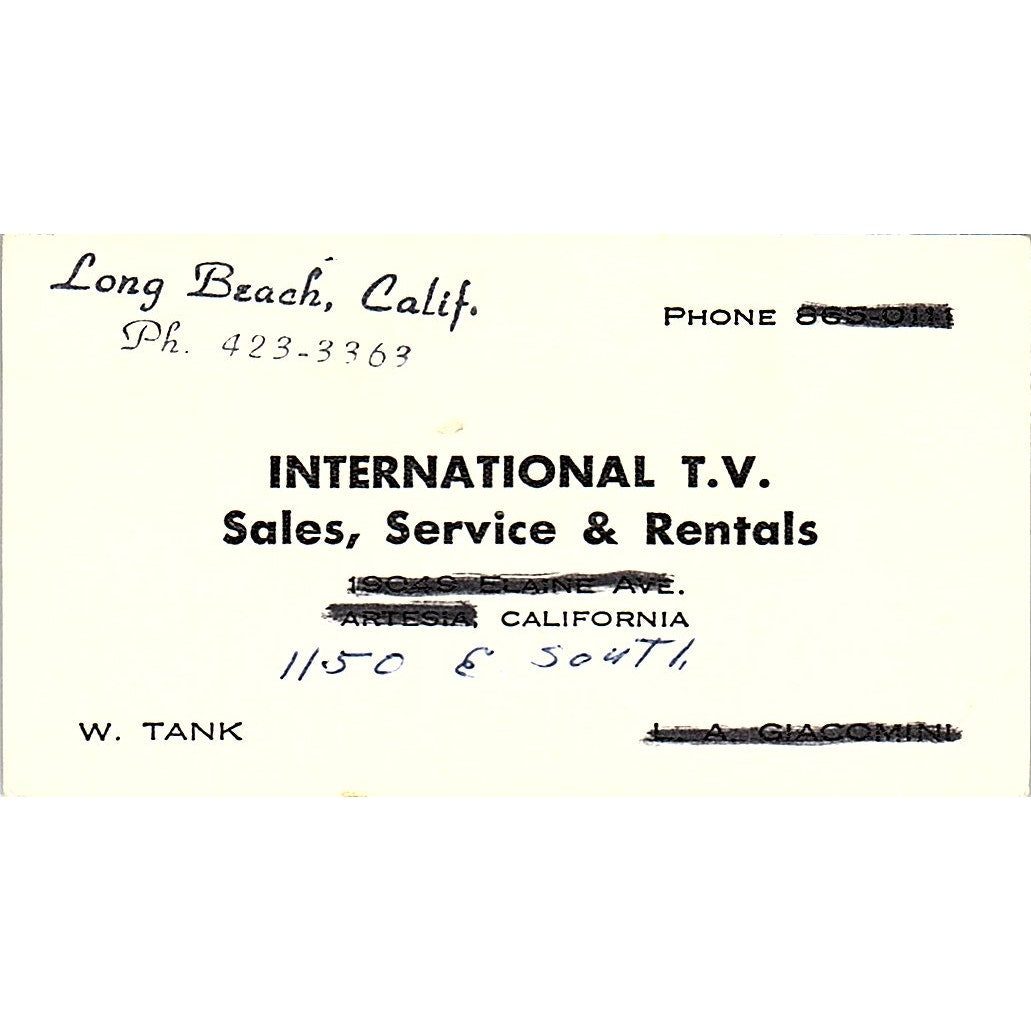 International T.V. W. Tank Long Beach CA Vintage Business Card SSB4-B12