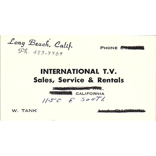 International T.V. W. Tank Long Beach CA Vintage Business Card SSB4-B12
