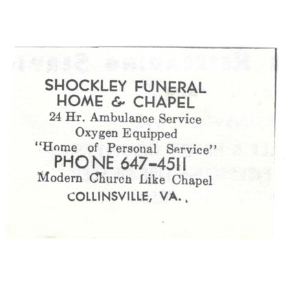 Shockley Funeral Home & Chapel Collinsville VA 1960s Ad AG2-S7