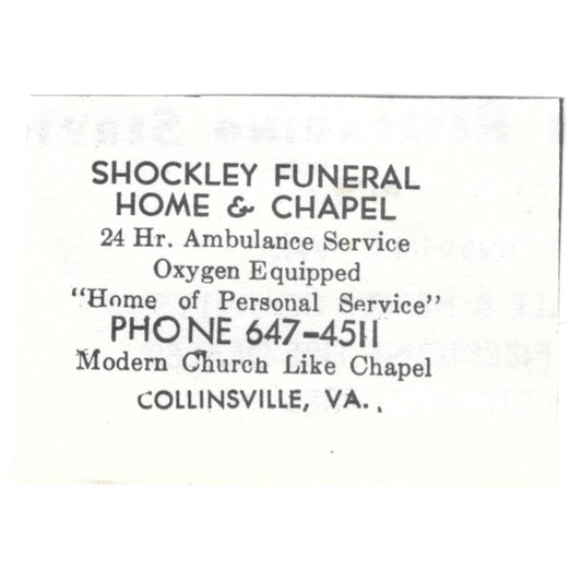 Shockley Funeral Home & Chapel Collinsville VA 1960s Ad AG2-S7