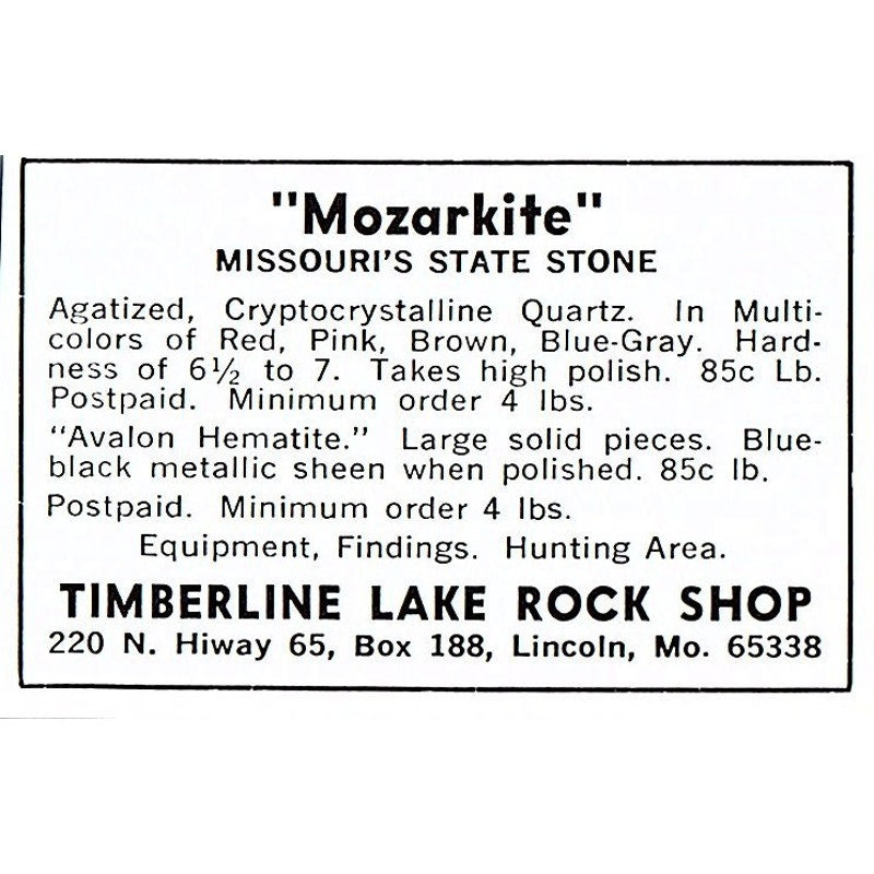 Timberline Lake Rock Shop Mozarkite Lincoln MO 1972 Ad AF8-M3