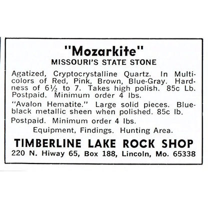 Timberline Lake Rock Shop Mozarkite Lincoln MO 1972 Ad AF8-M3